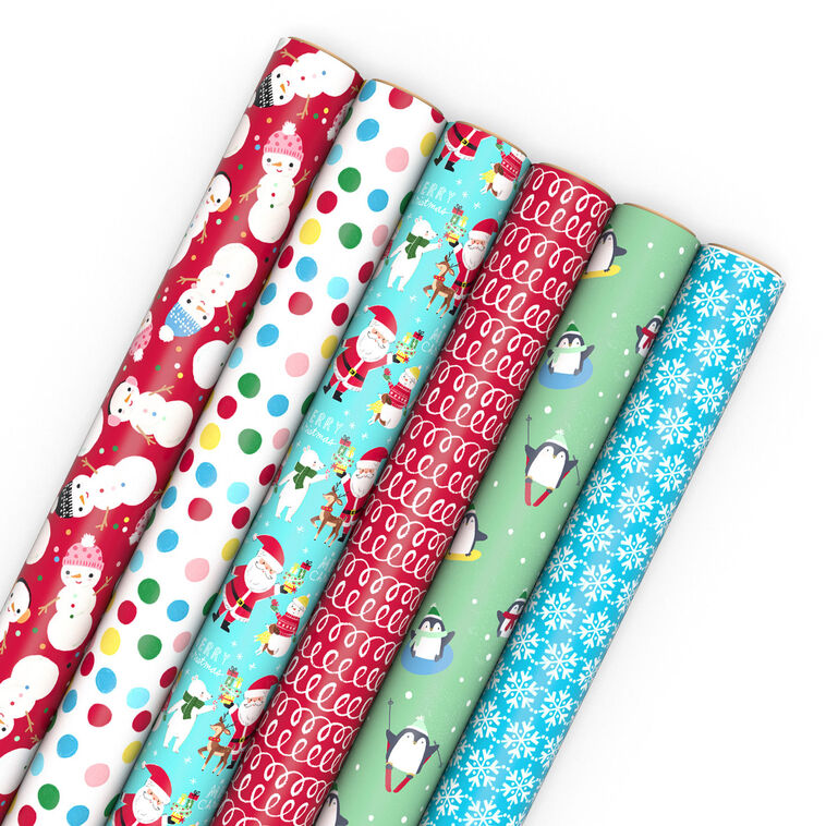 Penguins, Doodles and Polka Dots 6-Pack Assorted Christmas Wrapping Paper Roll Bundle, 180 sq. ft. total