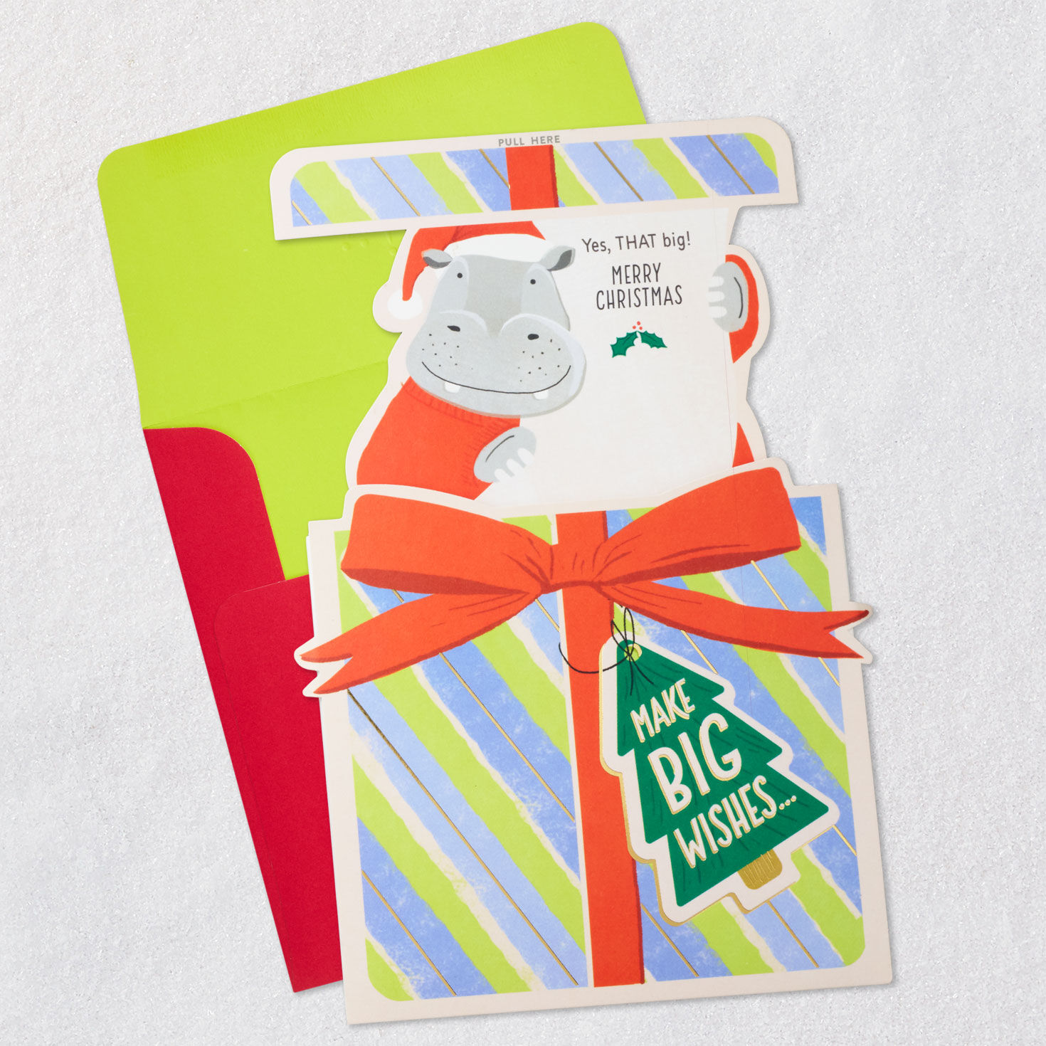 Hippo in Gift Box Paper Craft Christmas Card Open card with envelope image number 3