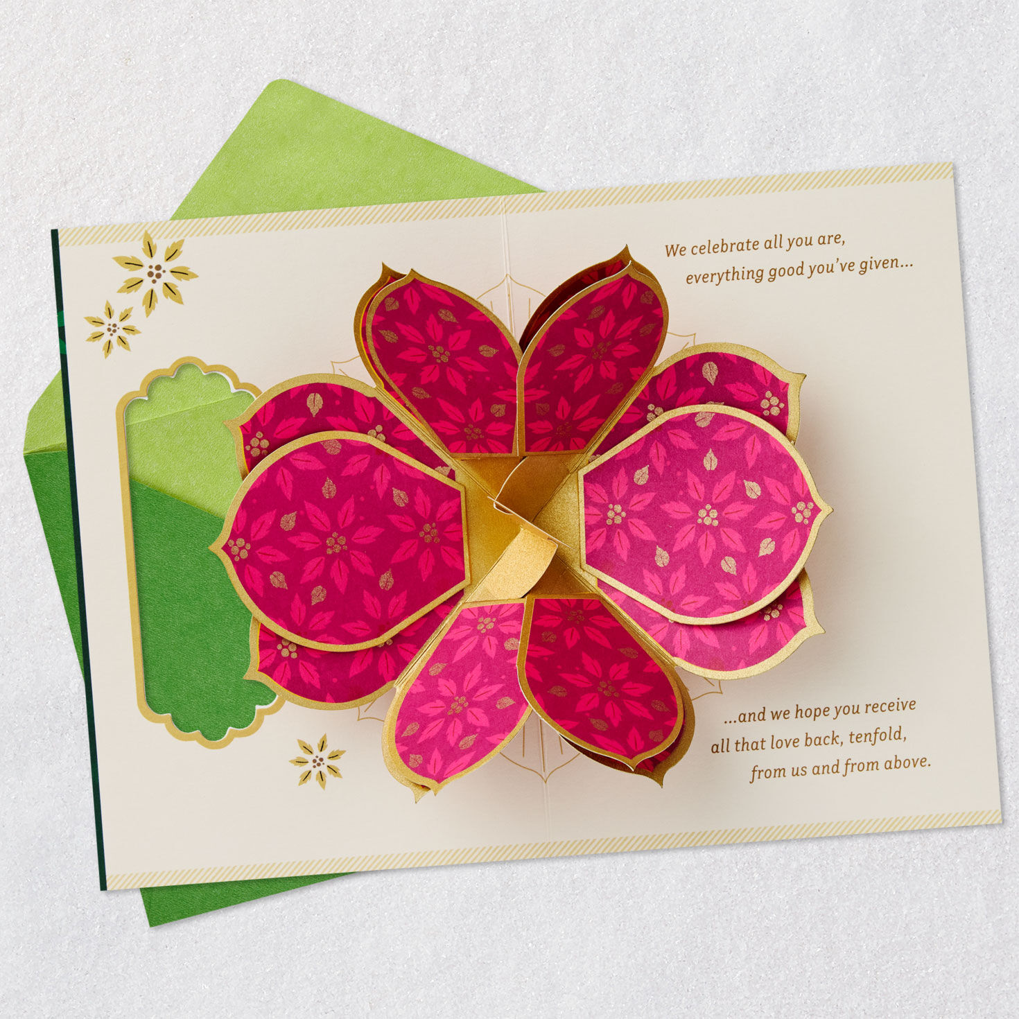 Green and Gold With Pink Pop-Up Poinsettia Christmas Card Open card with envelope image number 2