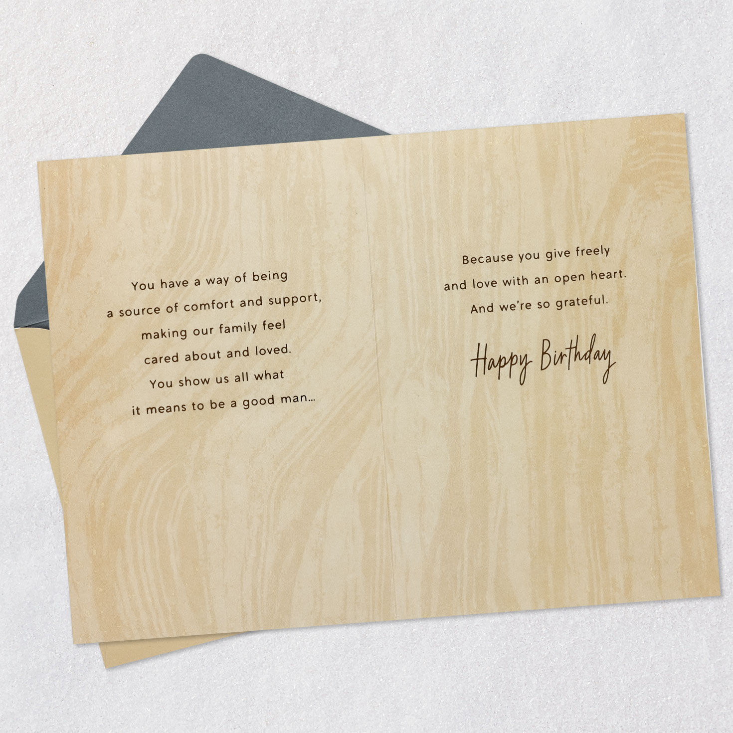 Trees on Woodgrain Dad Birthday Card from Family Open card with envelope image number 4