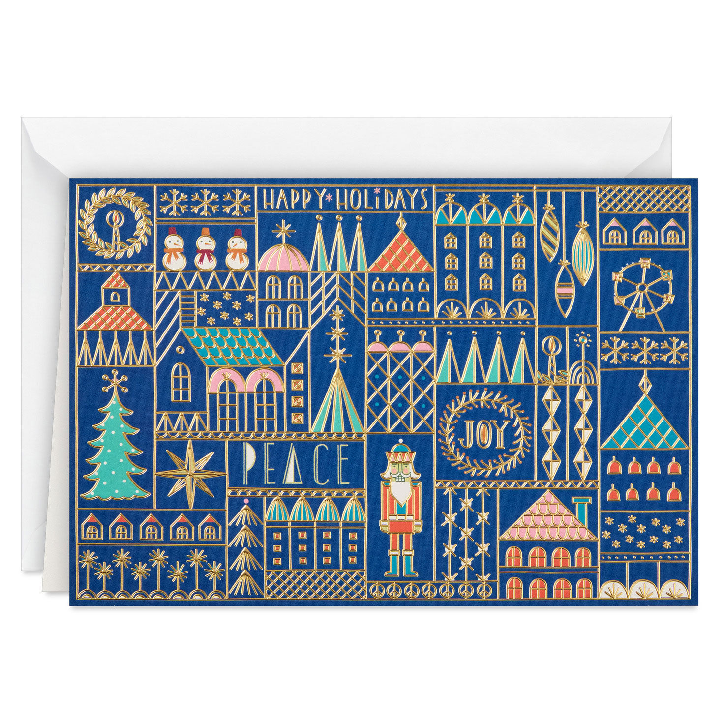 UNICEF Geometric Christmas Village on Blue Boxed Christmas Cards, Pack of 12 for only USD 12.50 | Hallmark