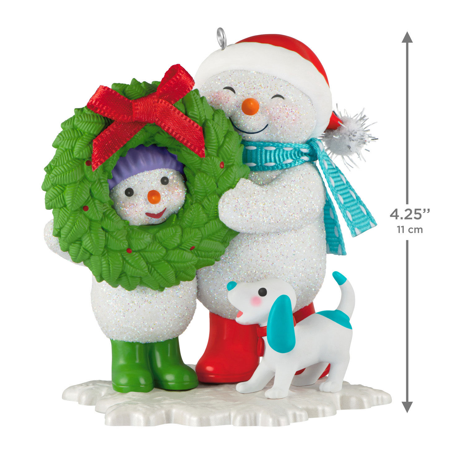 Snowmen With Wreath and Dog Keepsake Ornament measurement image number 3