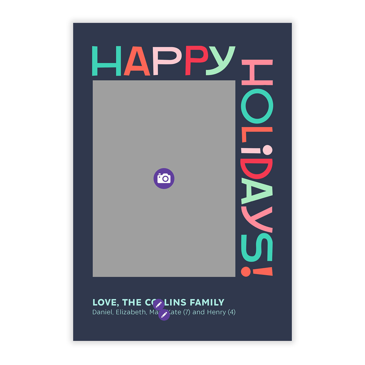Large Colored Letters Personalized Holiday Photo Card Card Front indicating personalization image number 5