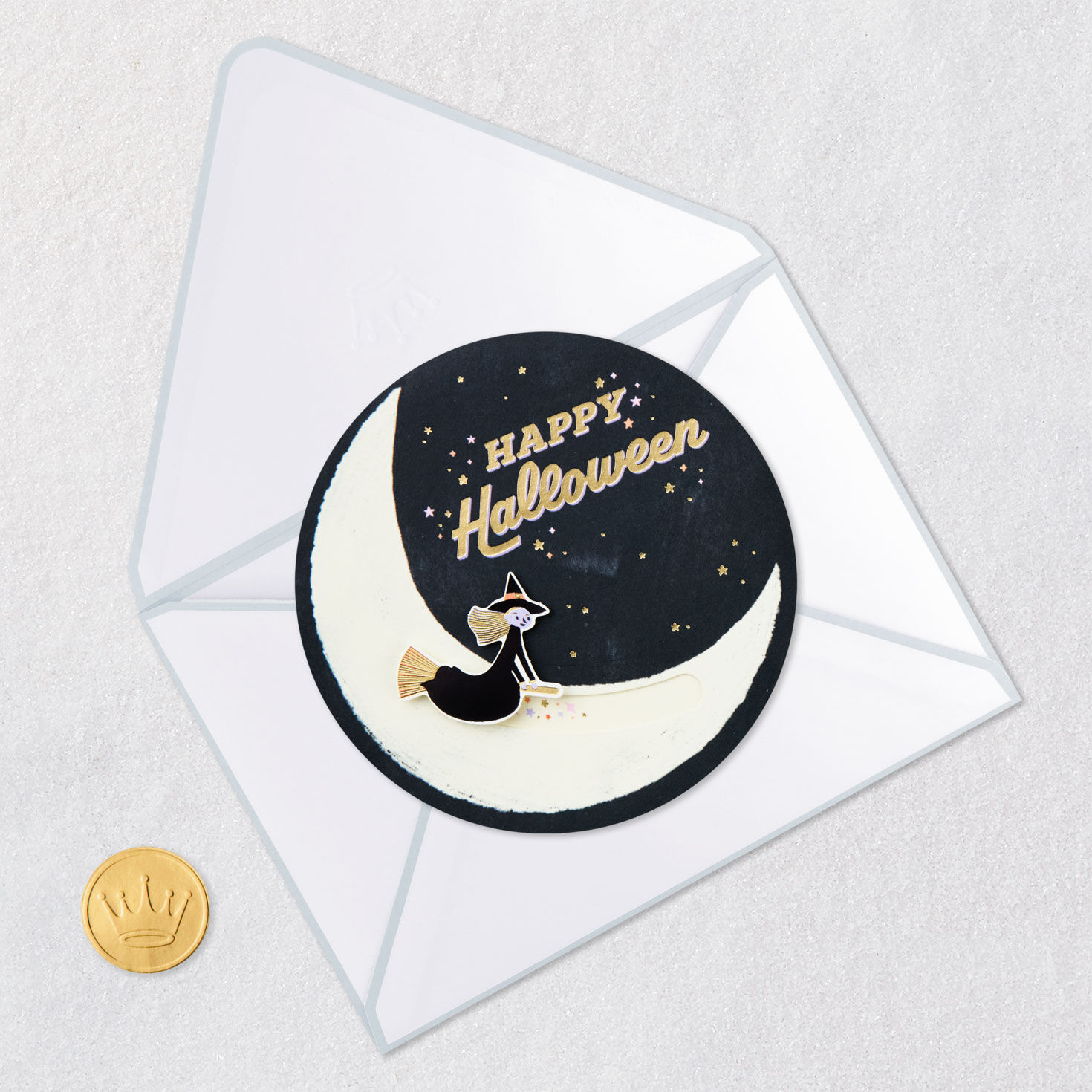 Witch on Broomstick Halloween Card With Motion Card Front with Envelope and Gold Seal image number 5