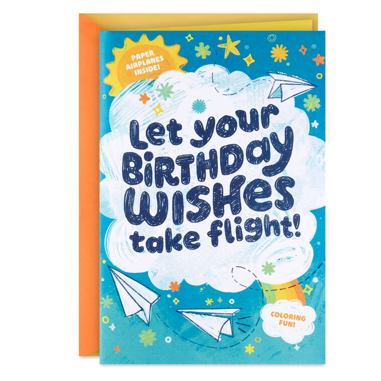 Sky's the Limit Birthday Card for Kids With Coloring Sheets and Paper Airplane Activity