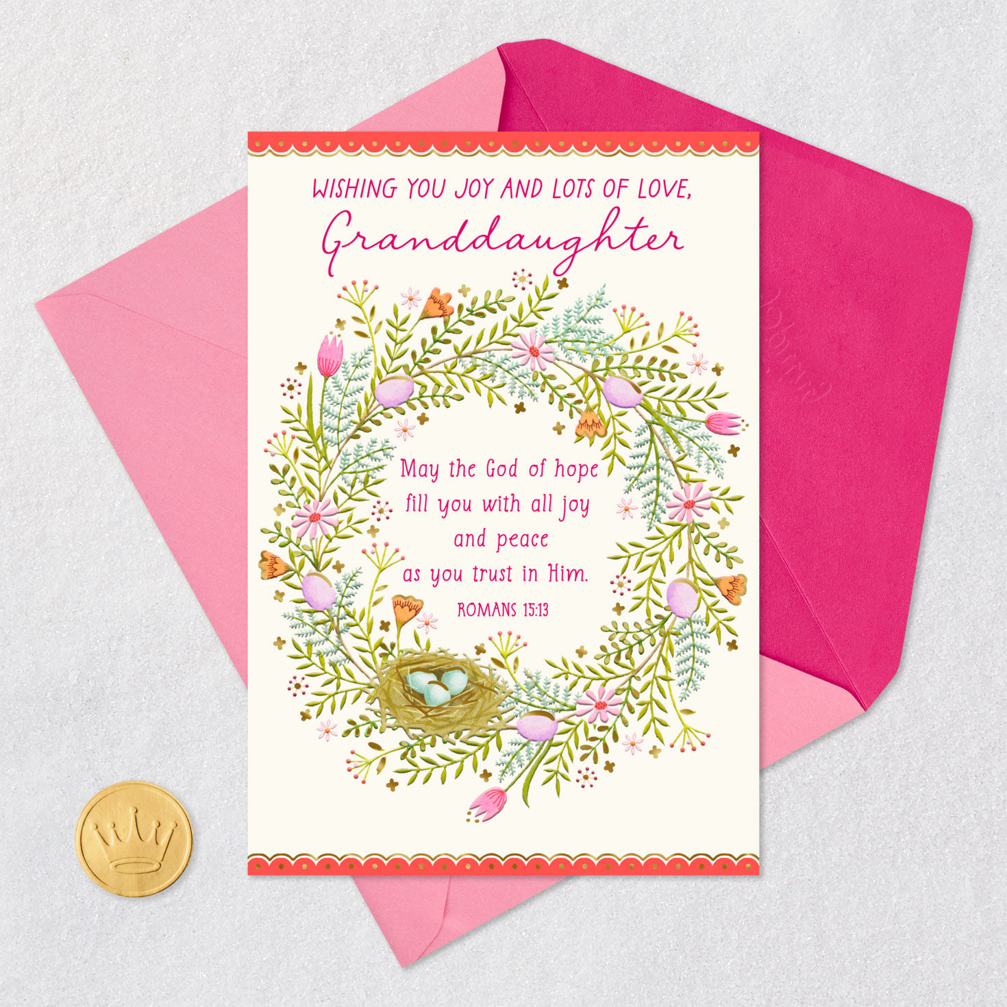 Spring Wreath for Granddaughter Easter Card Card Front with Envelope and Gold Seal image number 5