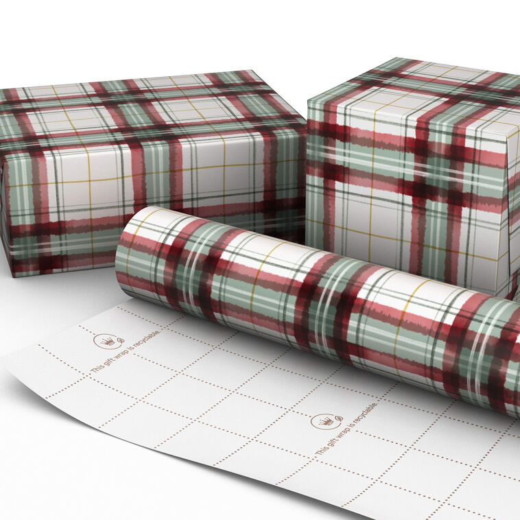 Farmhouse Plaid on White Christmas Gift Wrap Wrapped pkg image number 2