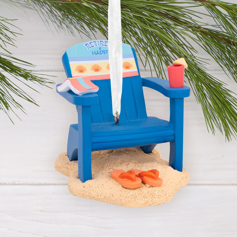 Retired and Happy Beach Chair Christmas Ornament hanging on tree image number 2