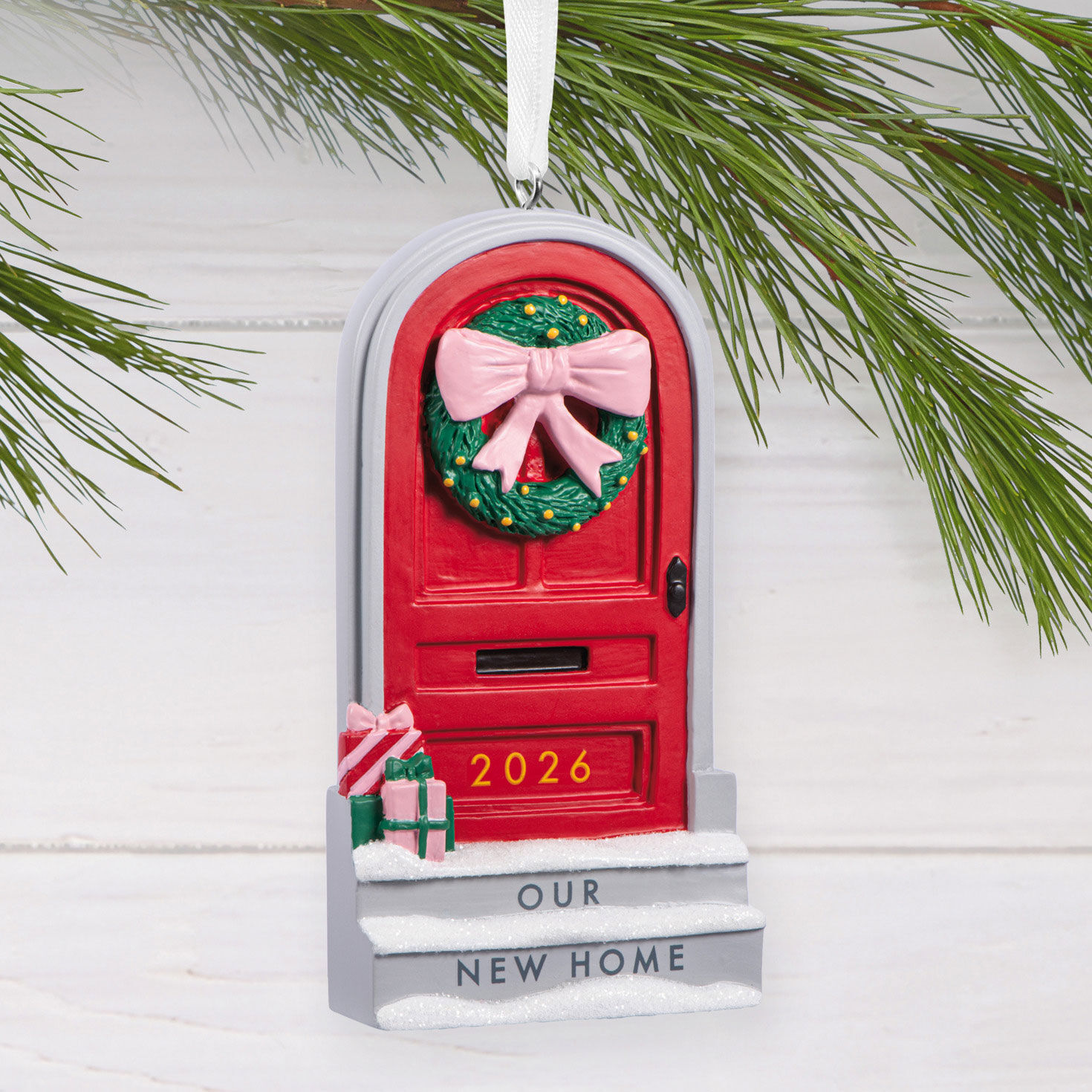 Red Door Our New Home Christmas Ornament hanging on tree image number 2