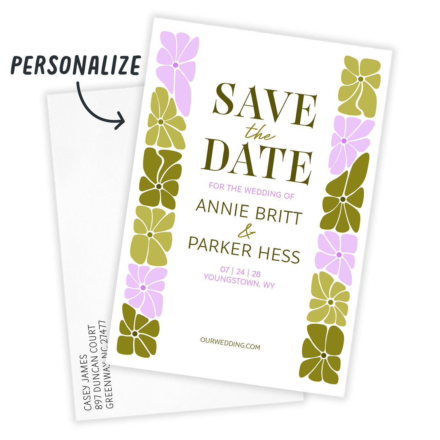 Green Pink Flowers Personalized Save the Date Card Card front with Envelope indicating personalization image number 2
