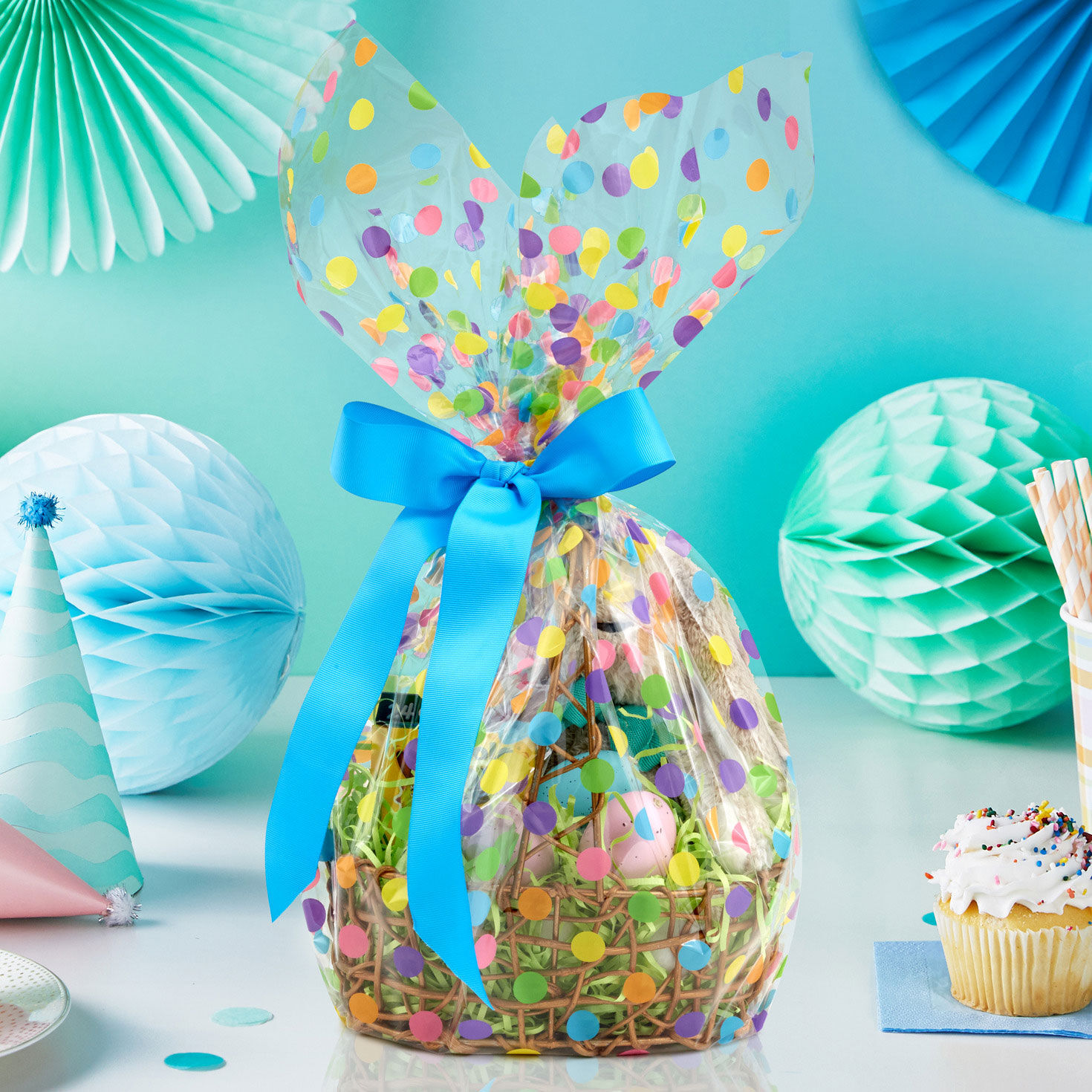 Pastel Dots on Clear Cellophane Gift Wrap Roll In use image number 3