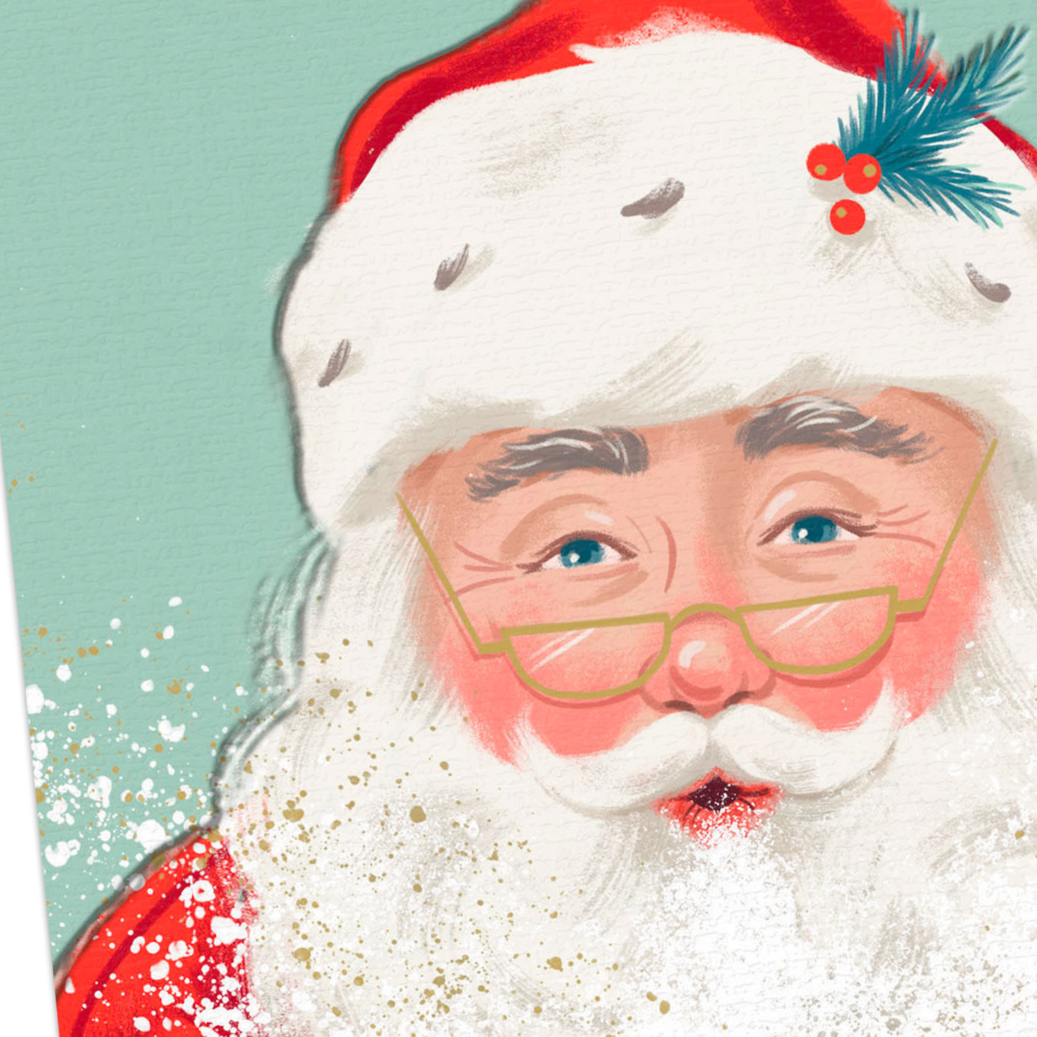 Vintage Santa with Snow on Green Christmas Card Card Front Detail image number 4