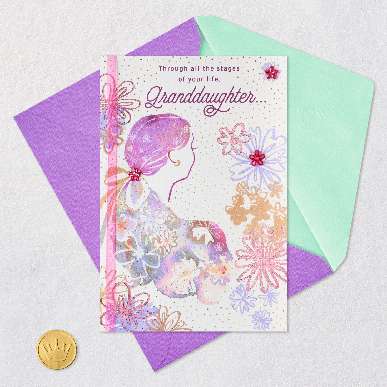 Girl and Flowers Granddaughter Birthday Card Card Front with Envelope and Gold Seal image number 5
