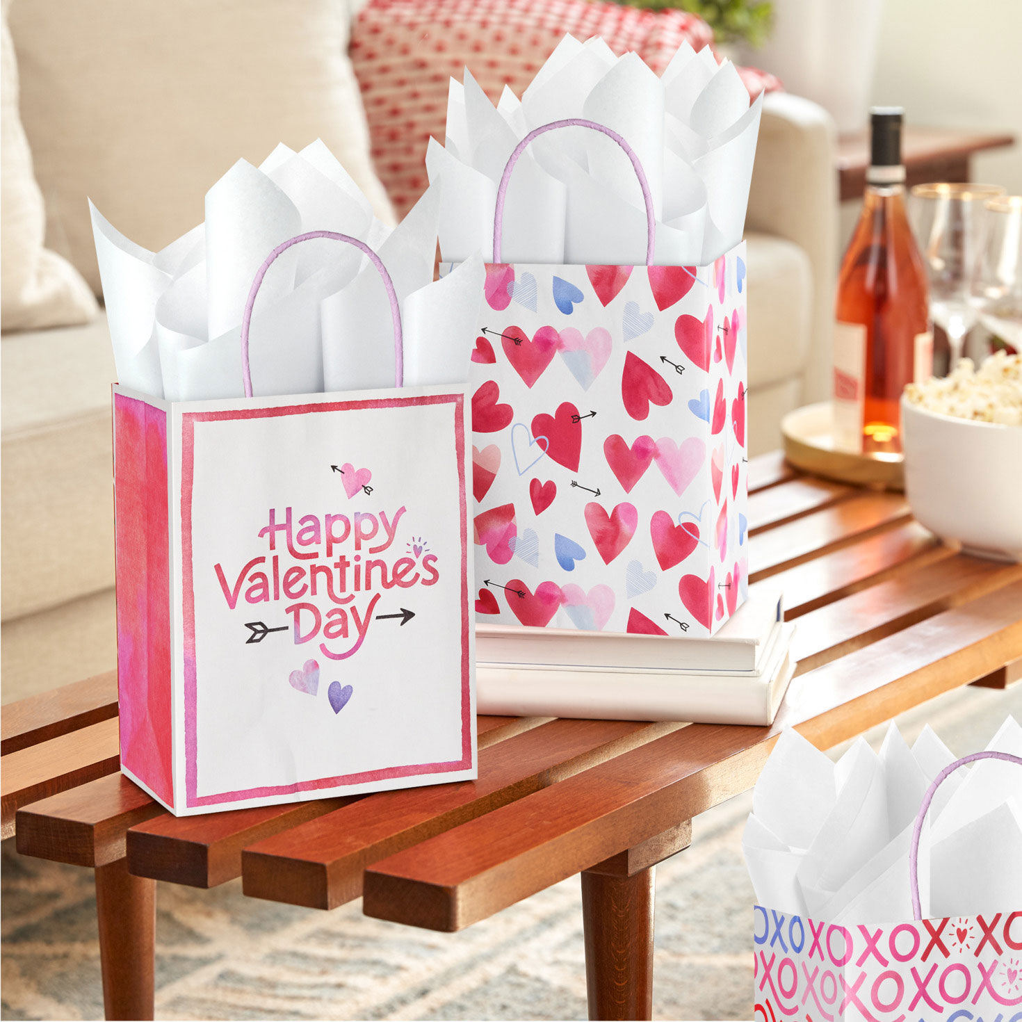 3 Medium Valentine's Day Gift Bags in Bright Designs in use image number 2