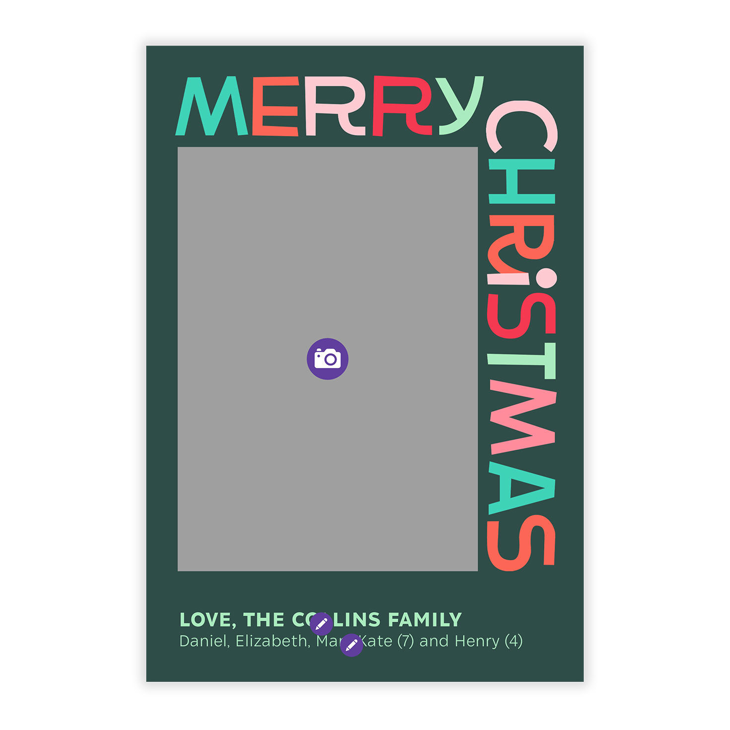 Large Colored Letters Personalized Christmas Photo Card Card Front indicating personalization image number 5
