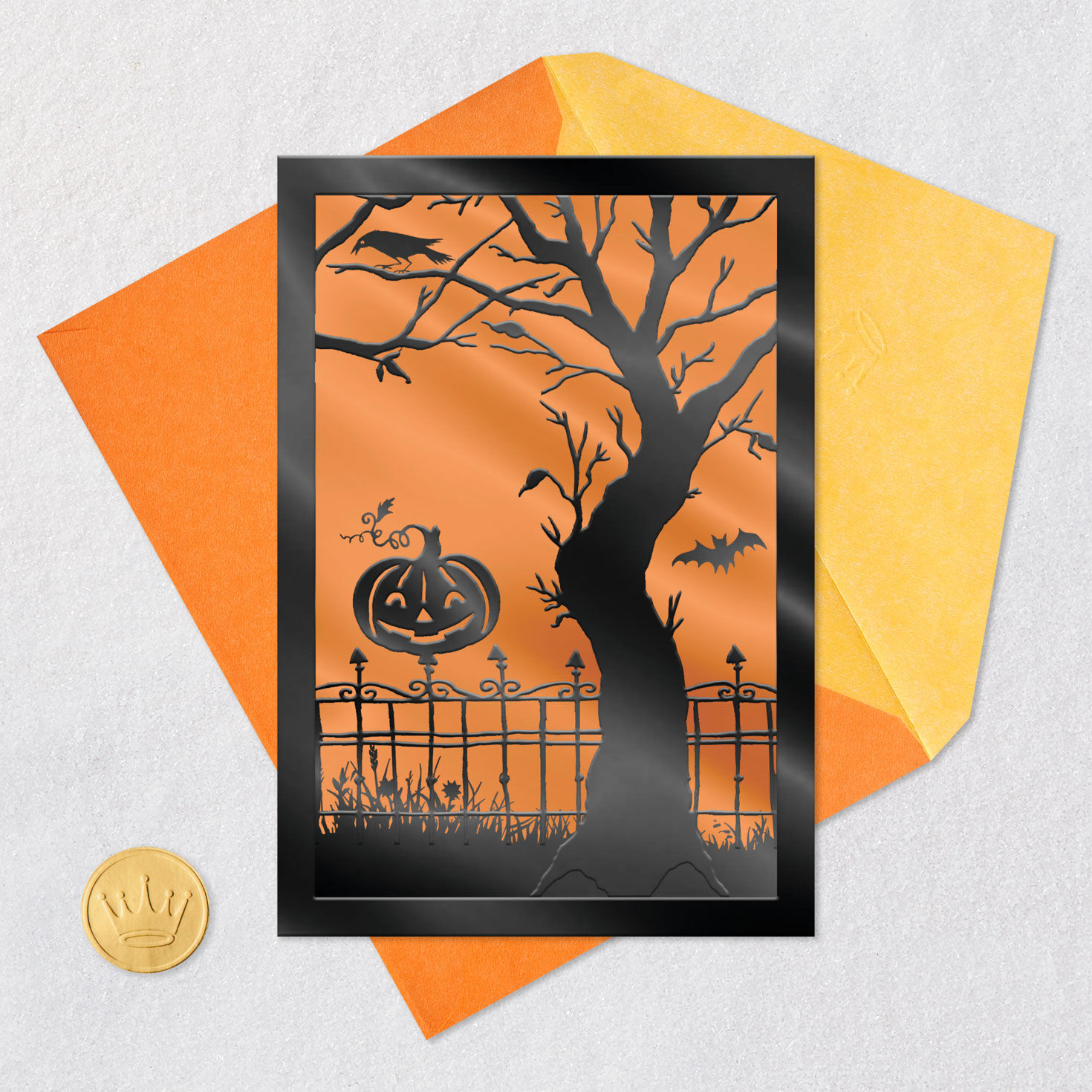 Pumpkin on Wrought Iron Fence Halloween Card, , large image number 5
