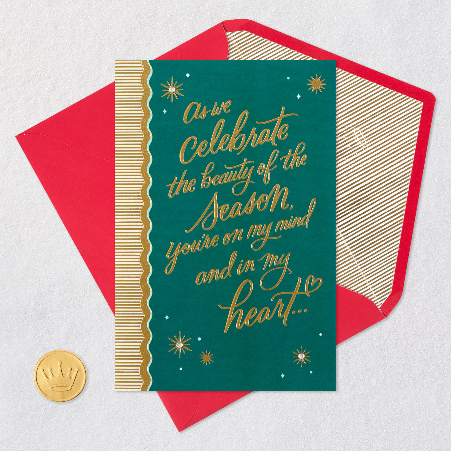 Elegant Gold and Green Christmas Card Card Front with Envelope and Gold Seal image number 6