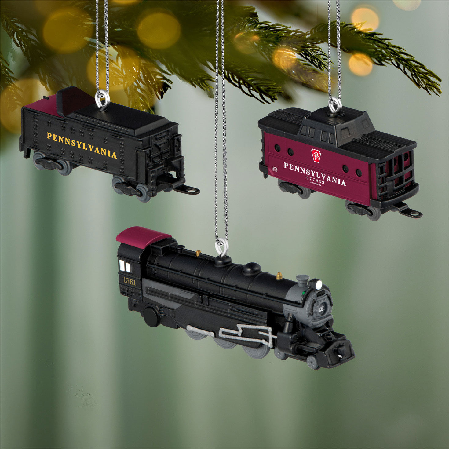 Lionel Train Cars Keepsake Ornament Set hanging on tree image number 2
