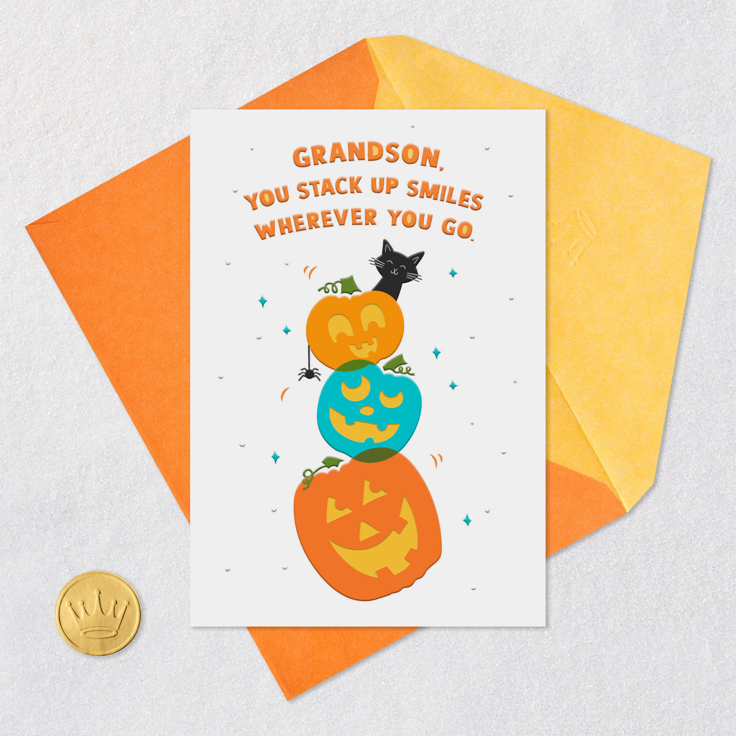 Stacked Pumpkins Halloween Card for Grandson Card Front with Envelope and Gold Seal image number 5