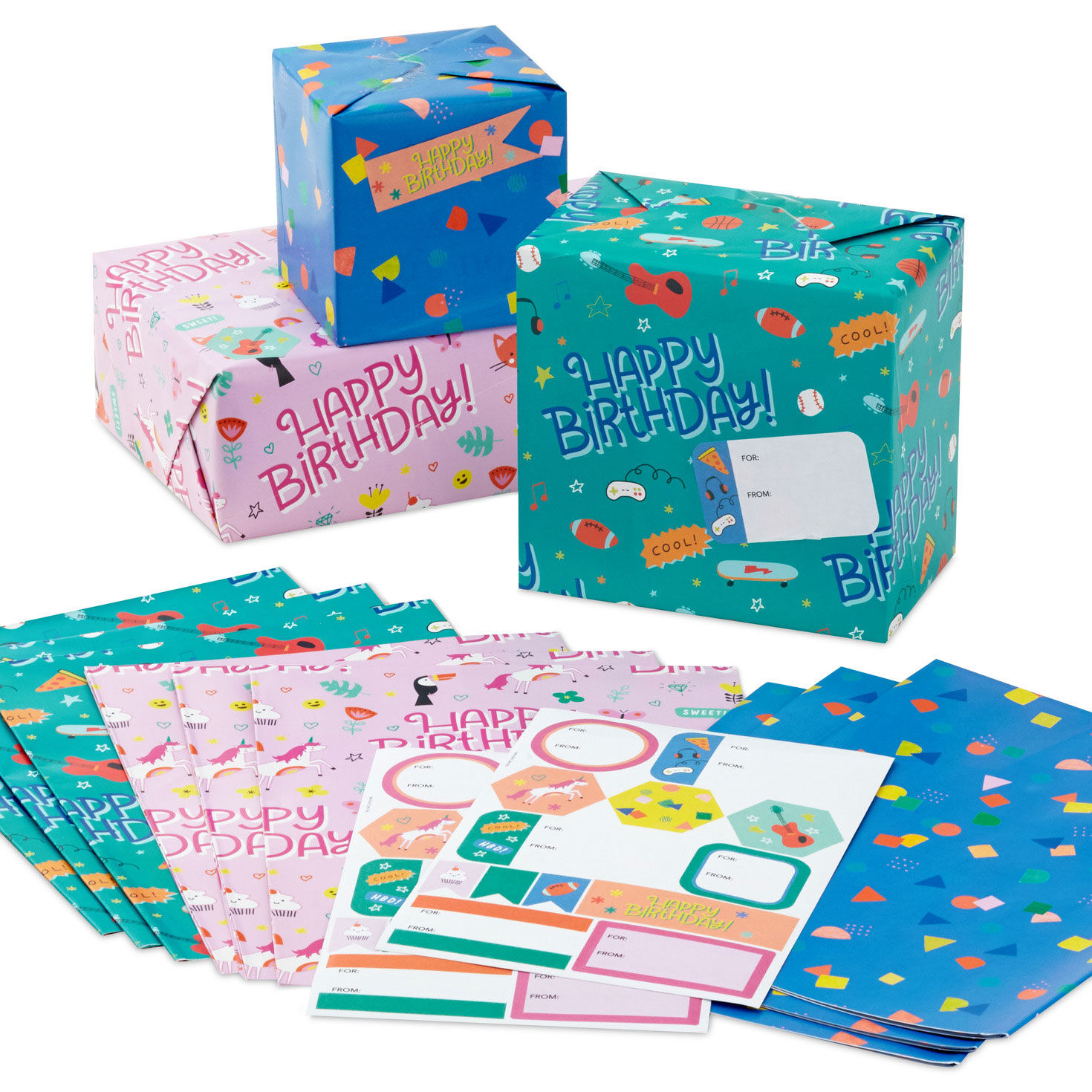 Cute and Colorful Birthday Flat Wrapping Paper Assortment With Gift