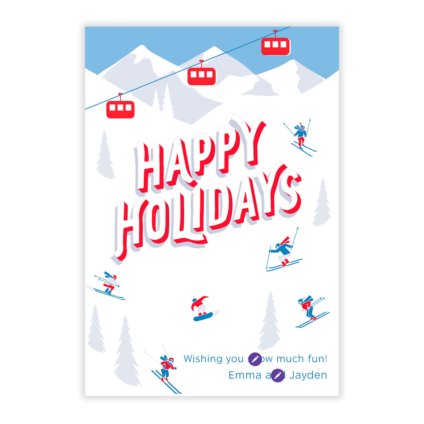Skiers on Ski Slope Personalized Holiday Photo Card Card Front indicating personalization image number 5