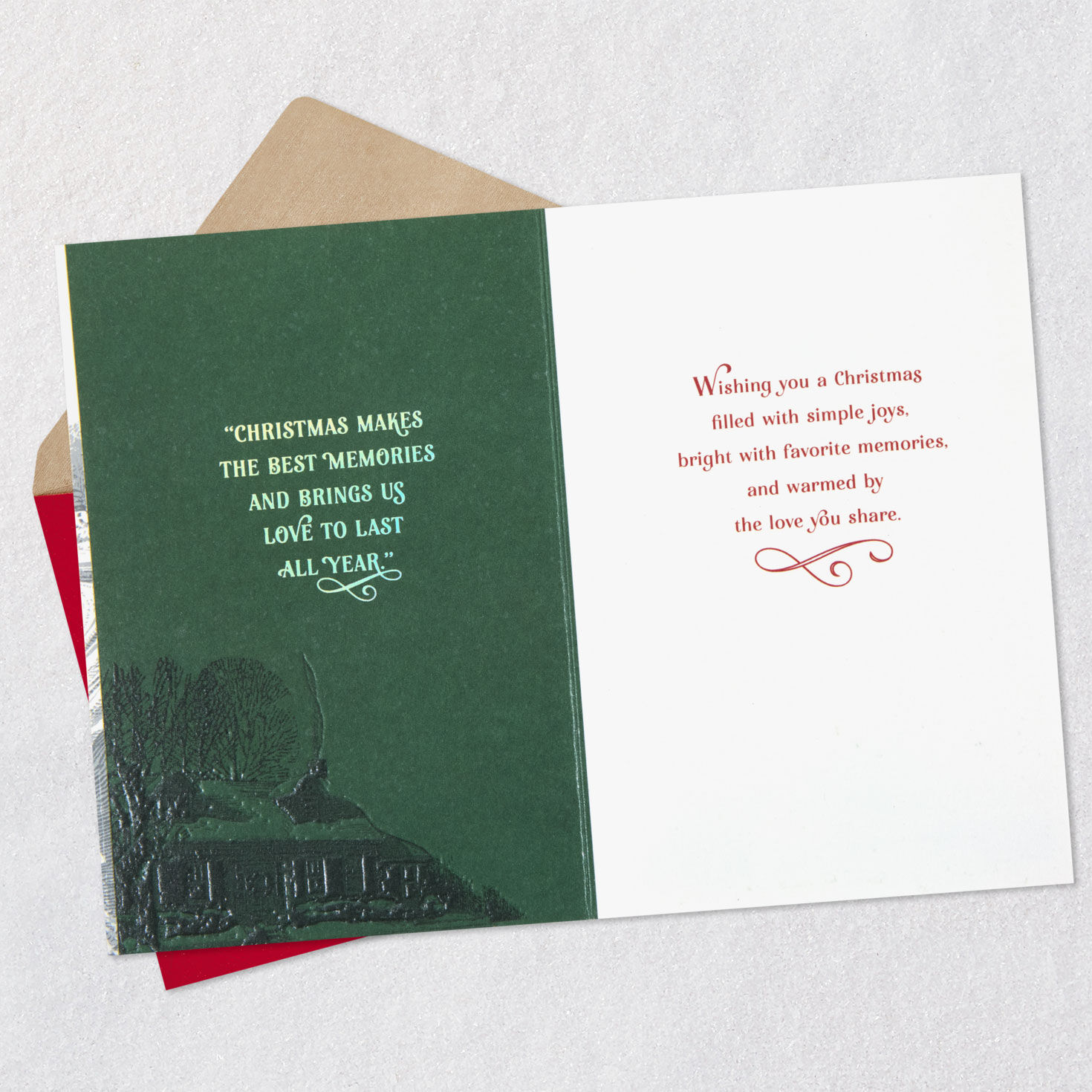 Red and Green Couple with Sled and Christmas Tree Card Open Card with Envelope image number 4
