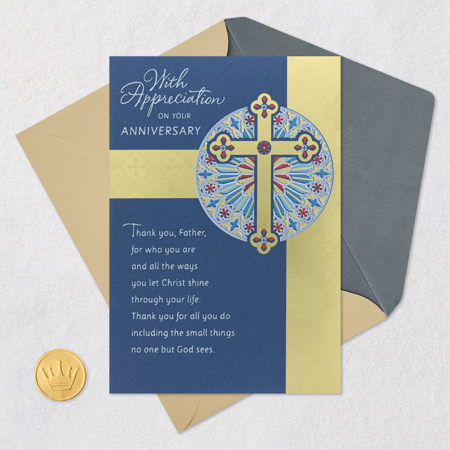 Floral Cross Priest Ordination Anniversary Card Card Front with Envelope and Gold Seal image number 6