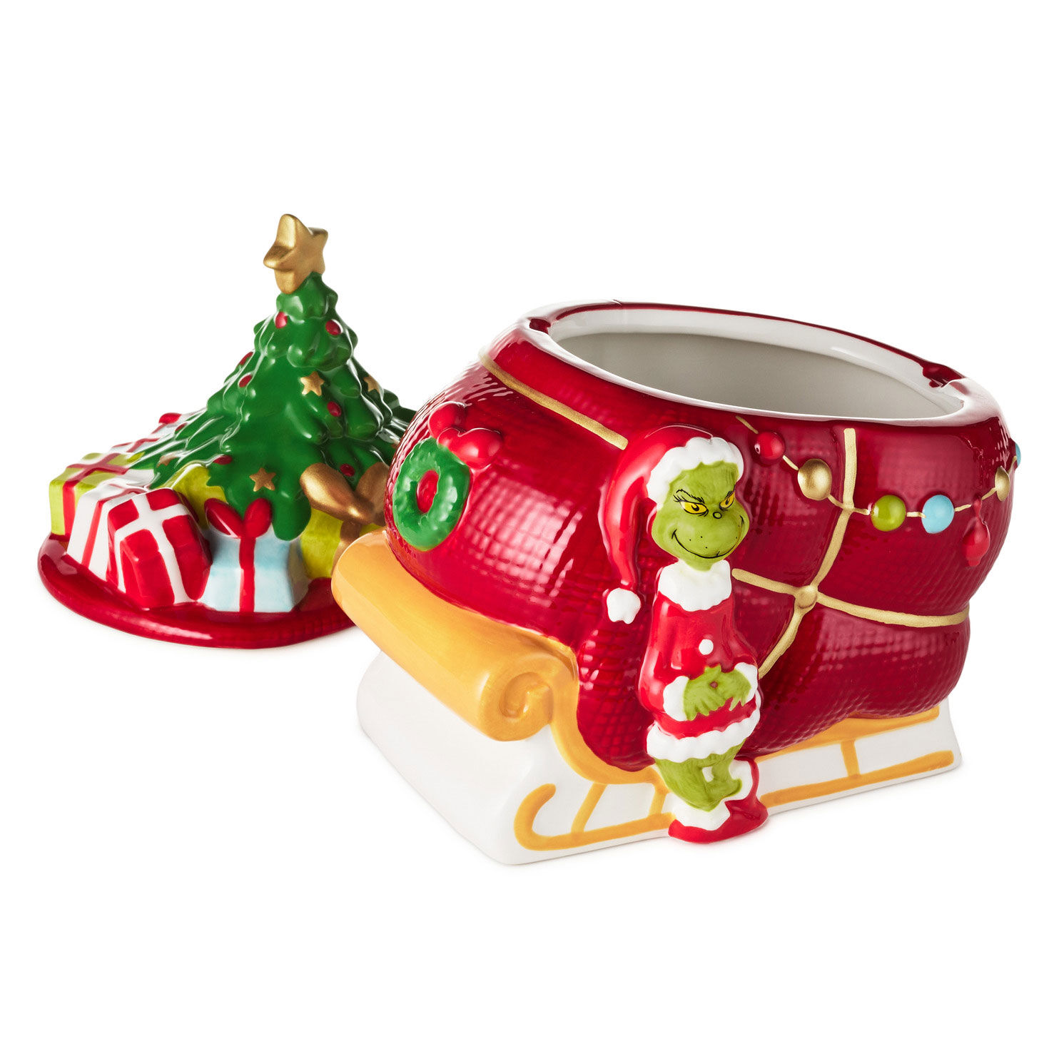 Sculpted Grinch and Sleigh Cookie Jar With Sound lid off image number 4