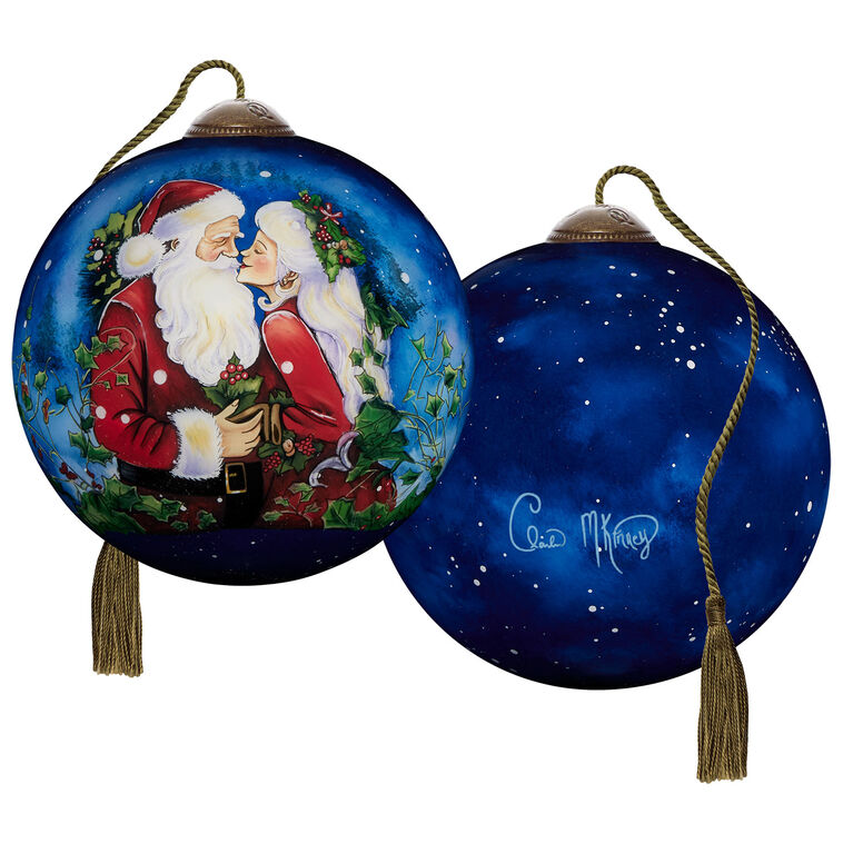 Santa and Mrs. Claus Kissing Blown Glass Ornament  image number 3