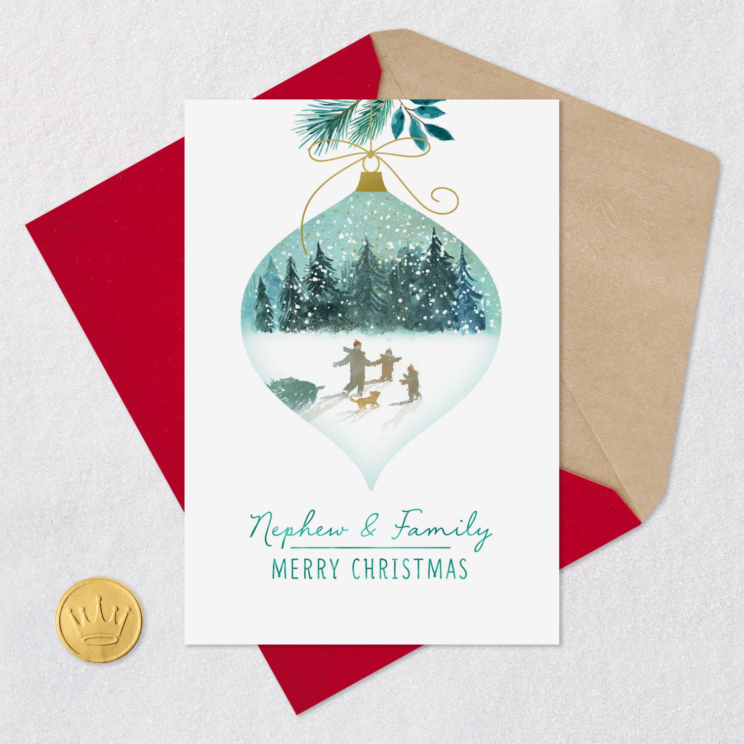 Teal Ornament Winter Scene Christmas Card for Nephew Card Front with Envelope and Gold Seal image number 5