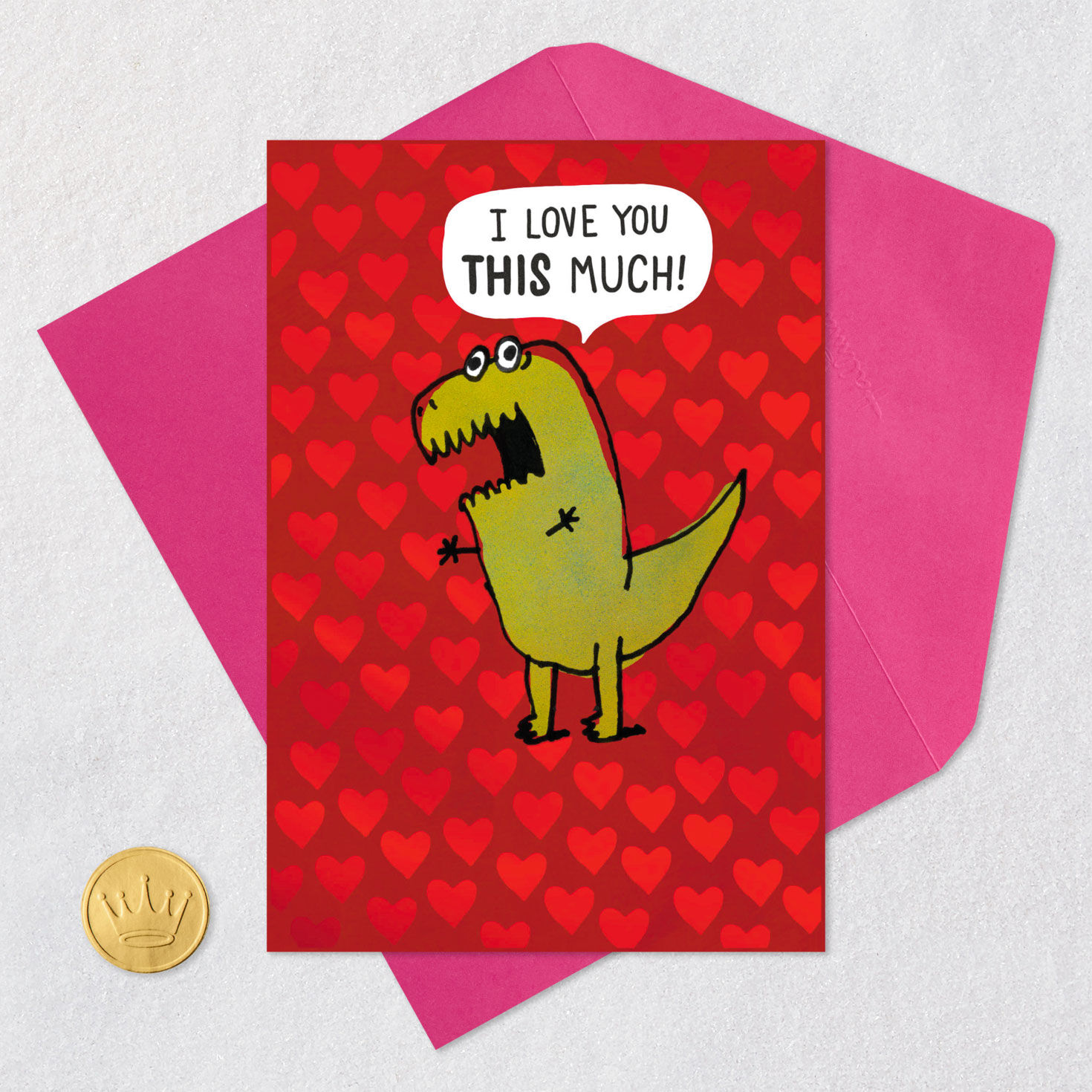 Green T-Rex Funny Love Card with Red Hearts Card Front with Envelope and Gold Seal image number 5