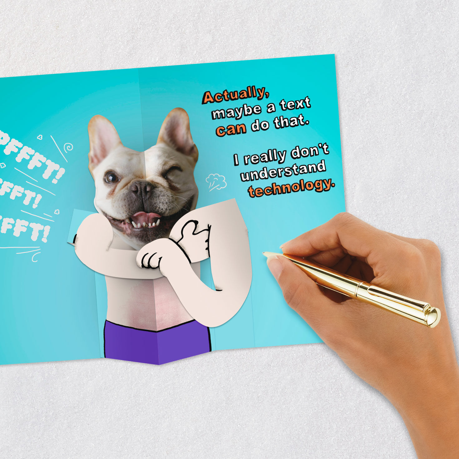 Dog With Phone Funny Pop-Up Birthday Card Signing card image number 7