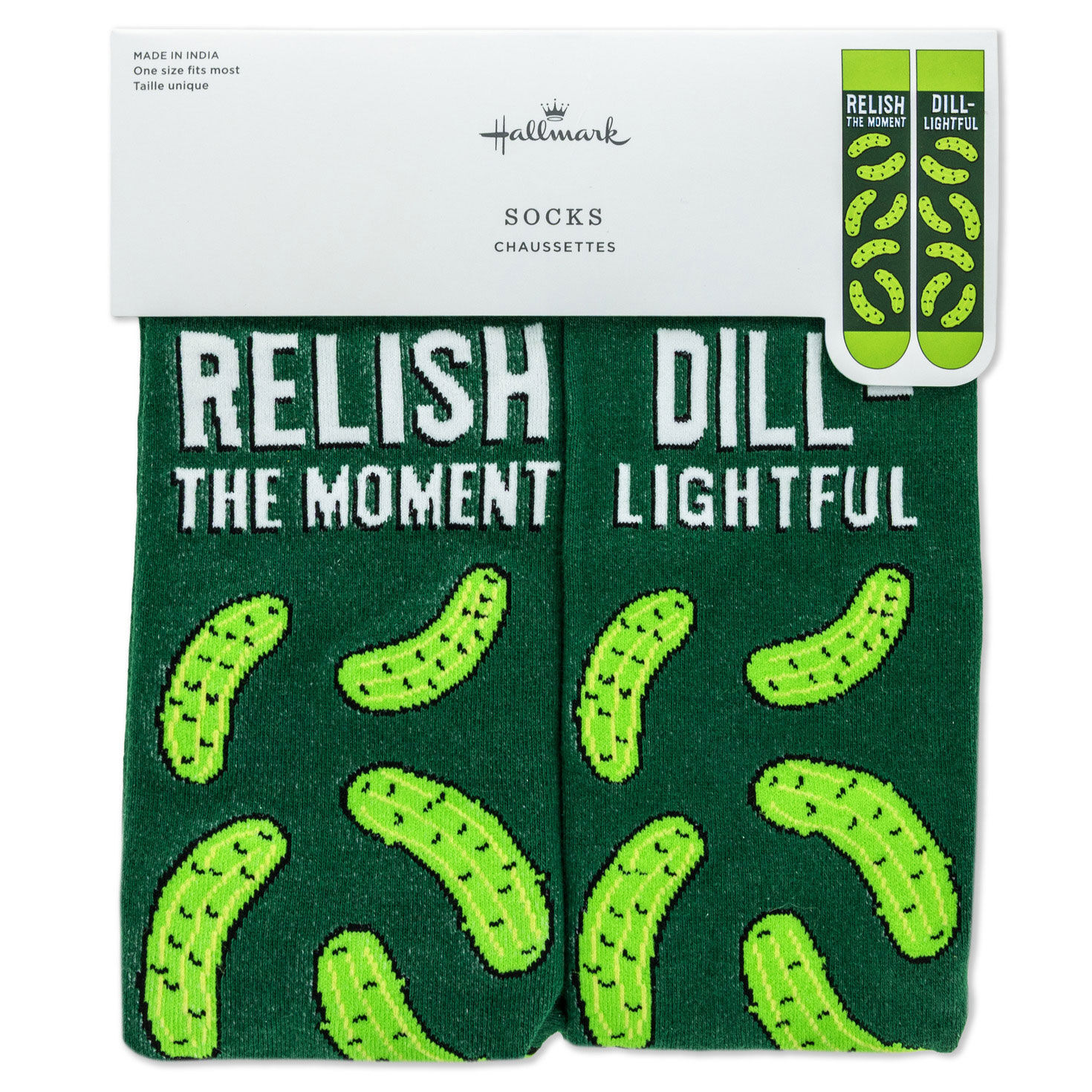 Pickle-Themed Green Novelty Crew Socks With Puns package front image number 5