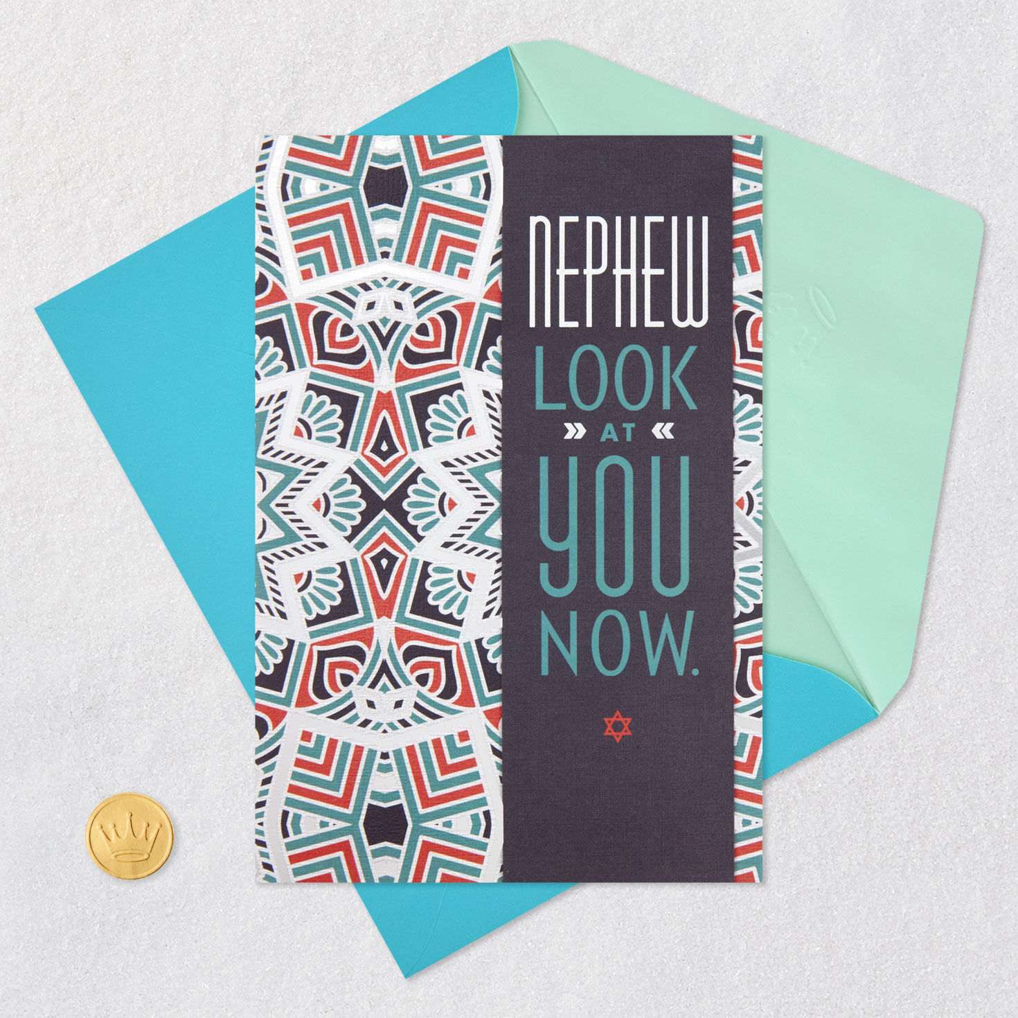 Geometric Pattern Nephew Bar Mitzvah Card Card Front with Envelope and Gold Seal image number 5