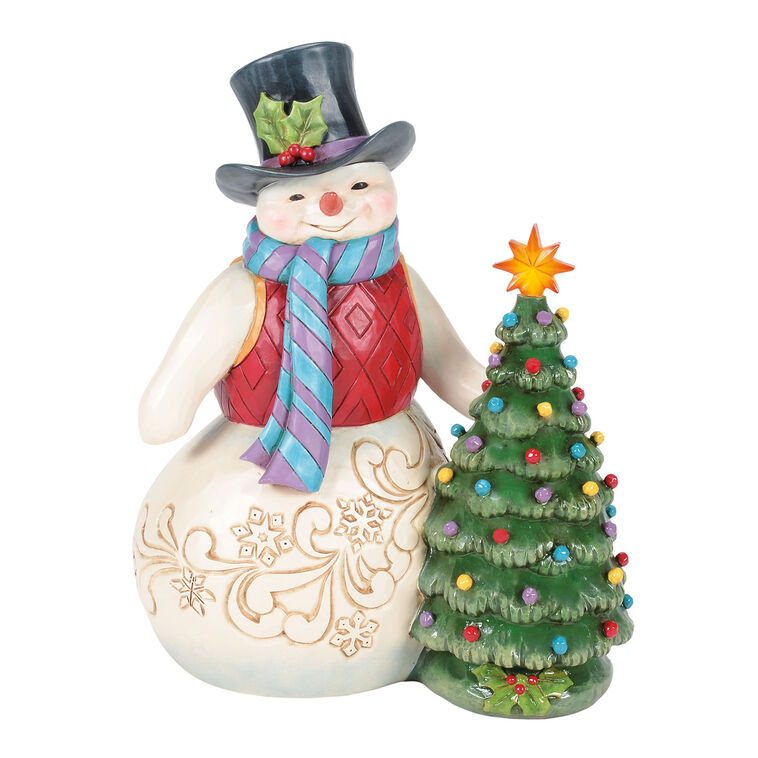 Jim Shore Heartwood Creek Snowman With Vintage Light-Up Tree Figurine, 8.5"
