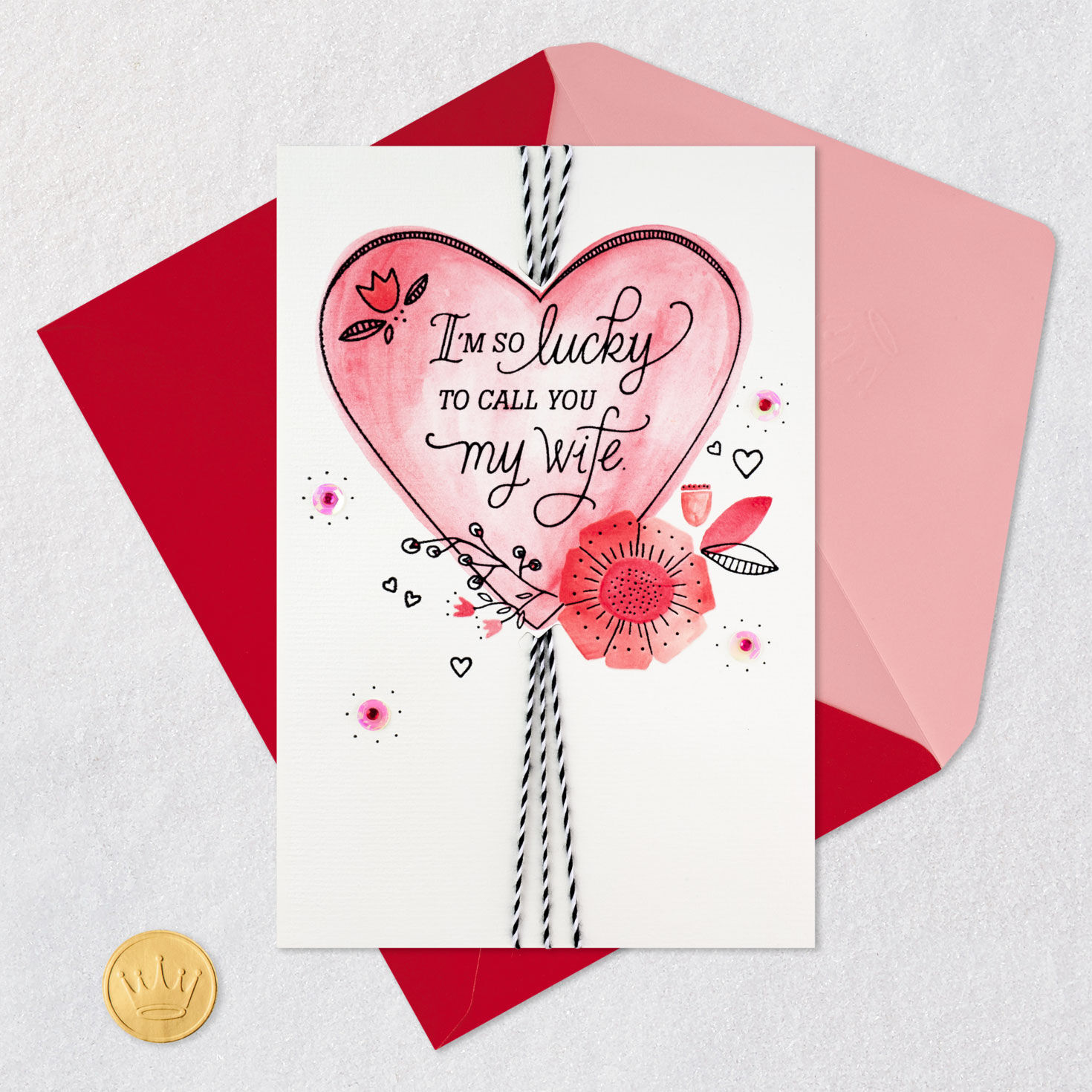Heart and Flowers Wife Valentine's Day Card Card Front with Envelope and Gold Seal image number 5