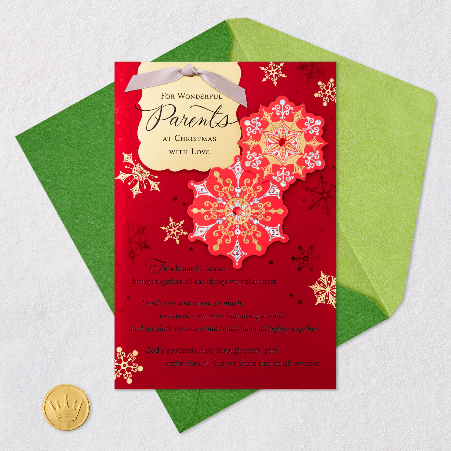 Red Snowflake Religious Christmas Card for Parents Card Front with Envelope and Gold Seal image number 6