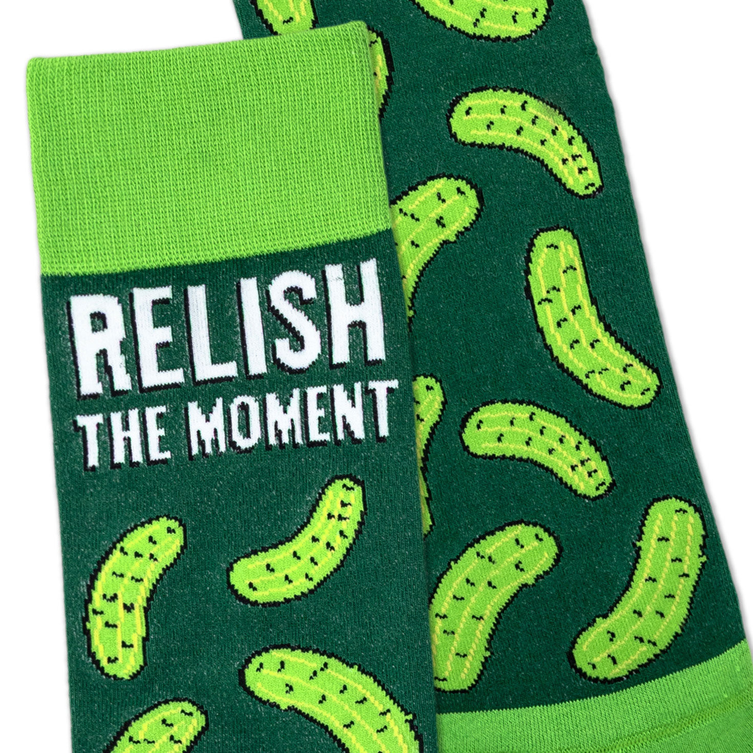 Pickle-Themed Green Novelty Crew Socks With Puns upclose view image number 3