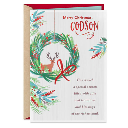 Peace, Joy and Love Religious Christmas Card for Godson, 