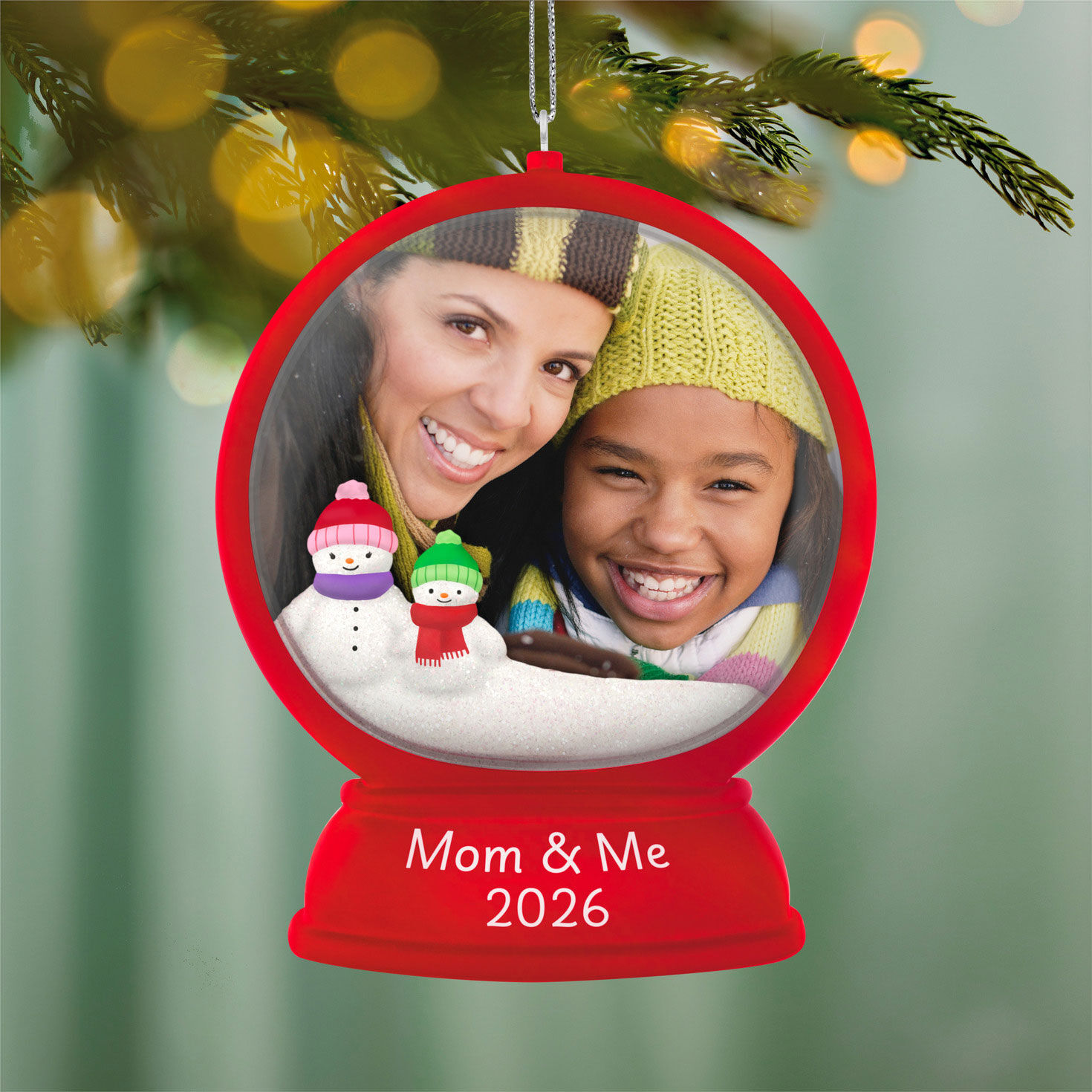 Mom and Me Red Snow Globe Frame Keepsake Ornament hanging on tree image number 2