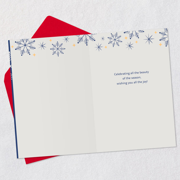 Modern Gold Lettering and Snowflakes on Blue Christmas Card Open card with envelope image number 3