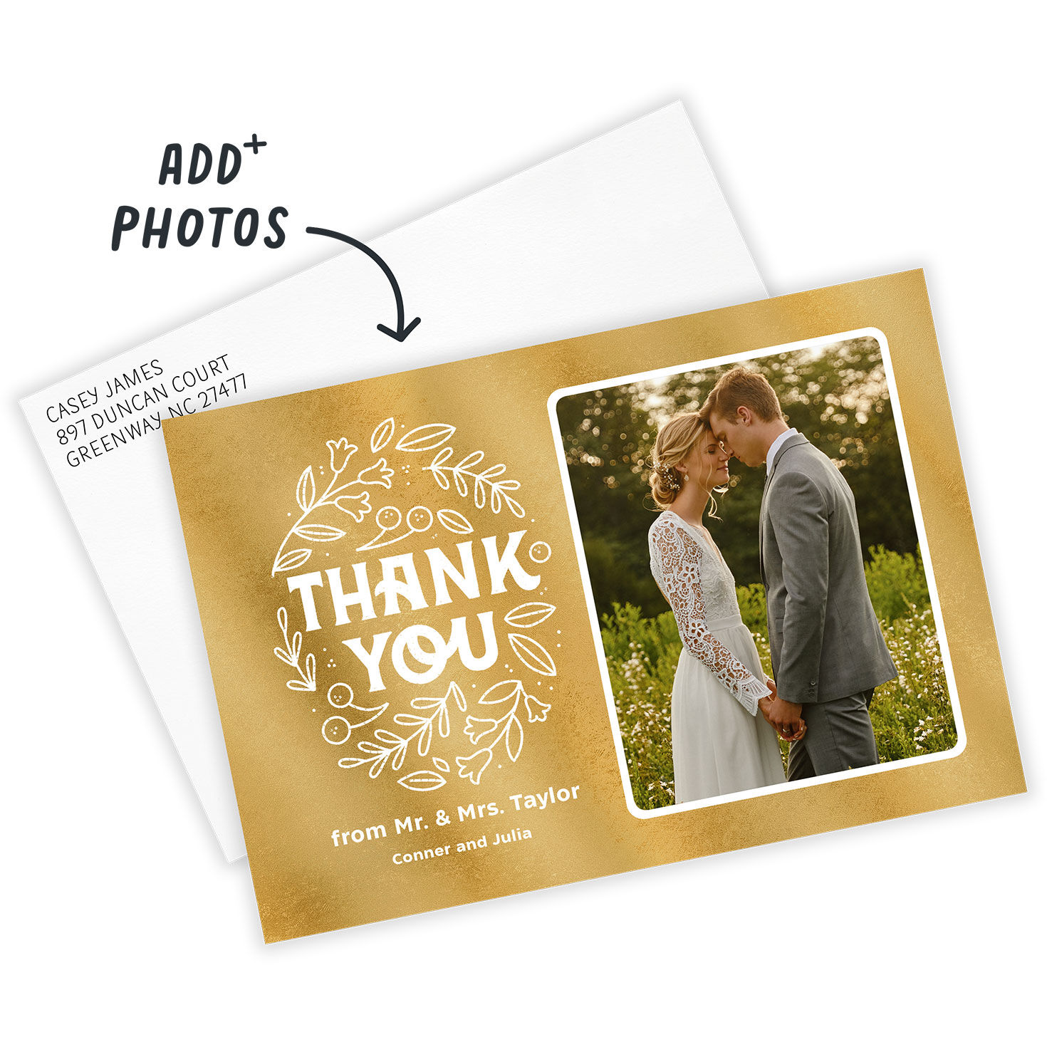 Foliage Line Art on Gold Personalized Wedding Thank You Card Front indicating personalization image number 2