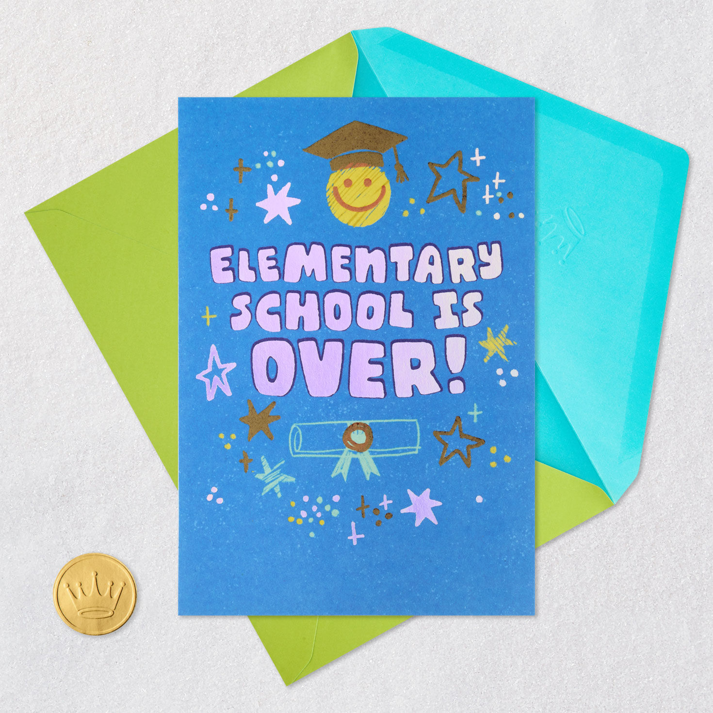 Smiley Face and Stars on Blue Grade School Graduation Card Card Front with Envelope and Gold Seal image number 6