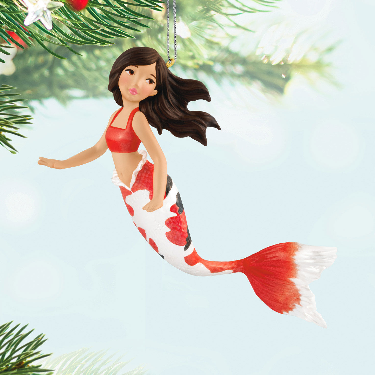 Red and White Mermaid Keepsake Ornament Hanging on tree image number 2