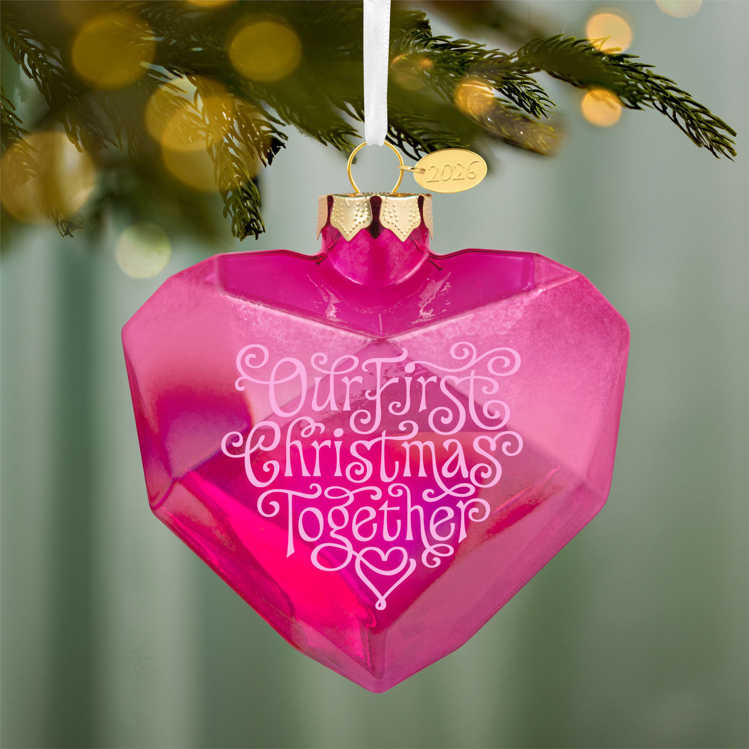 Pink Heart Our First Christmas Keepsake Ornament hanging on tree image number 2