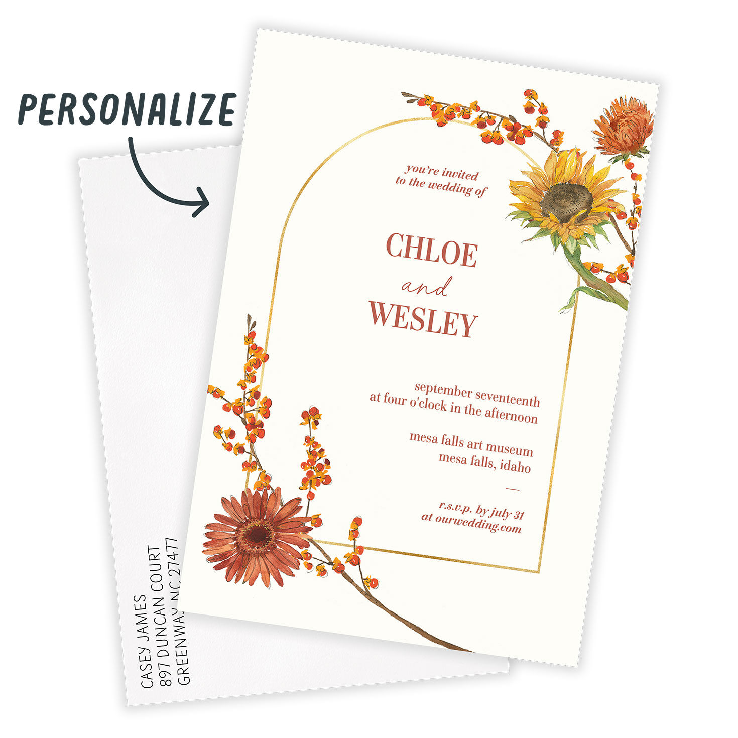 Fall Flowers and Gold Arch Wedding Invitation, , large image number 2