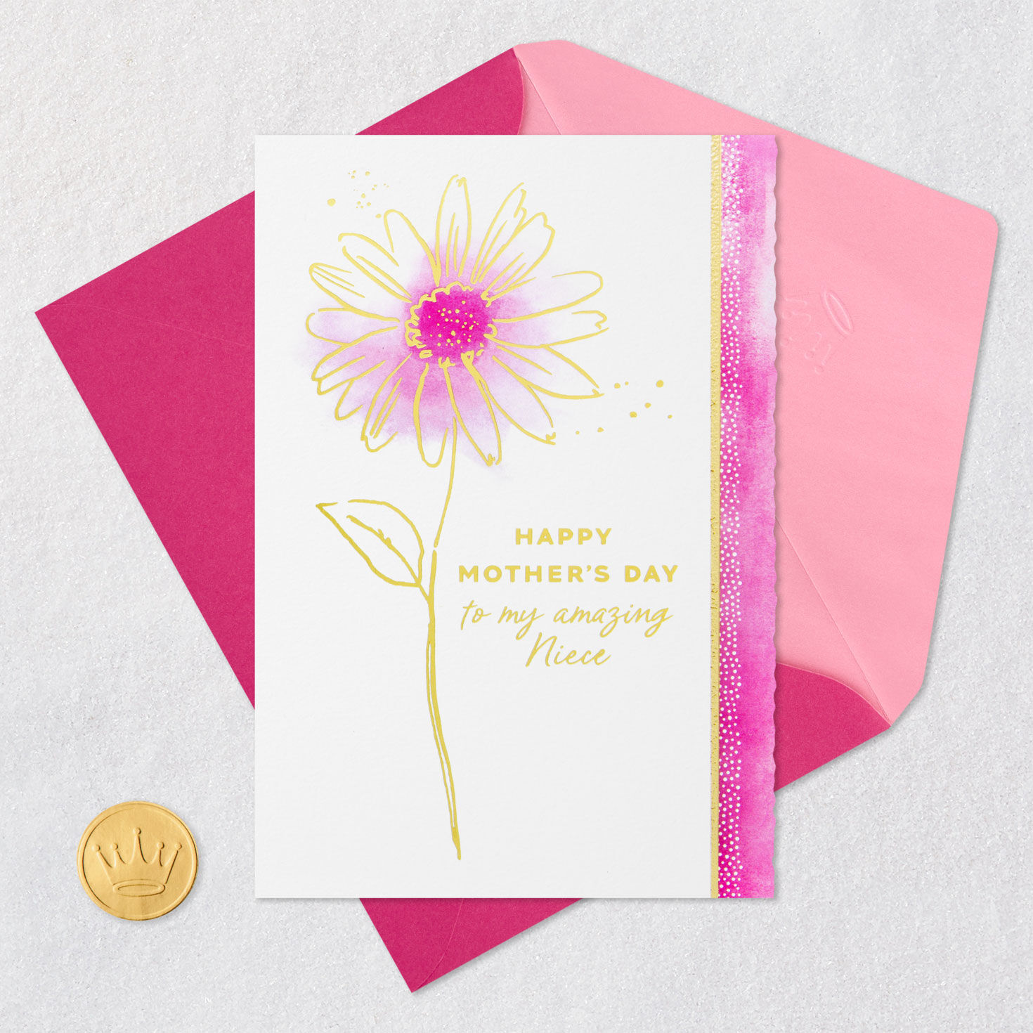 Pink and Gold Daisy Mother's Day Card for Niece Card Front with Envelope and Gold Seal image number 5