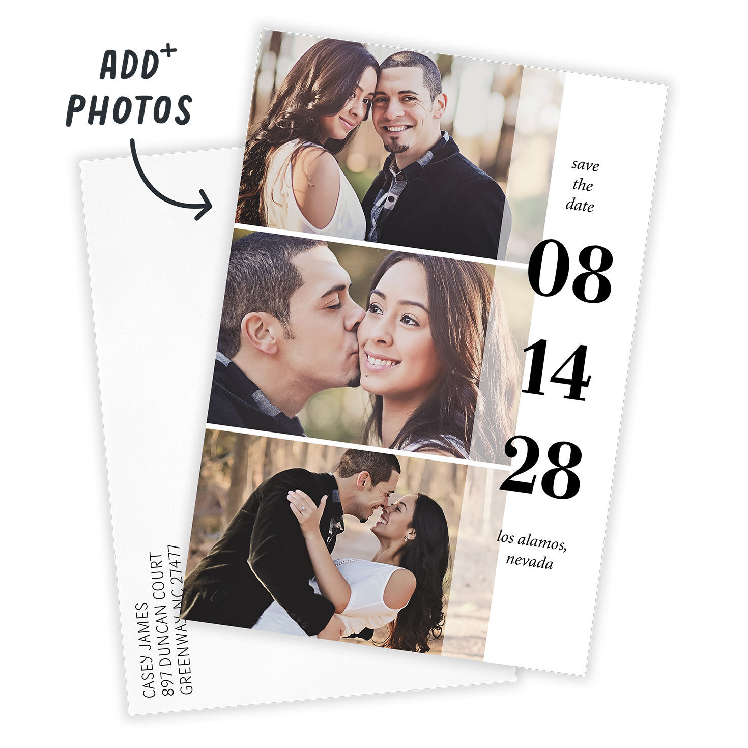 Three Photos Personalized Save the Date Card Card front with Envelope indicating personalization image number 2