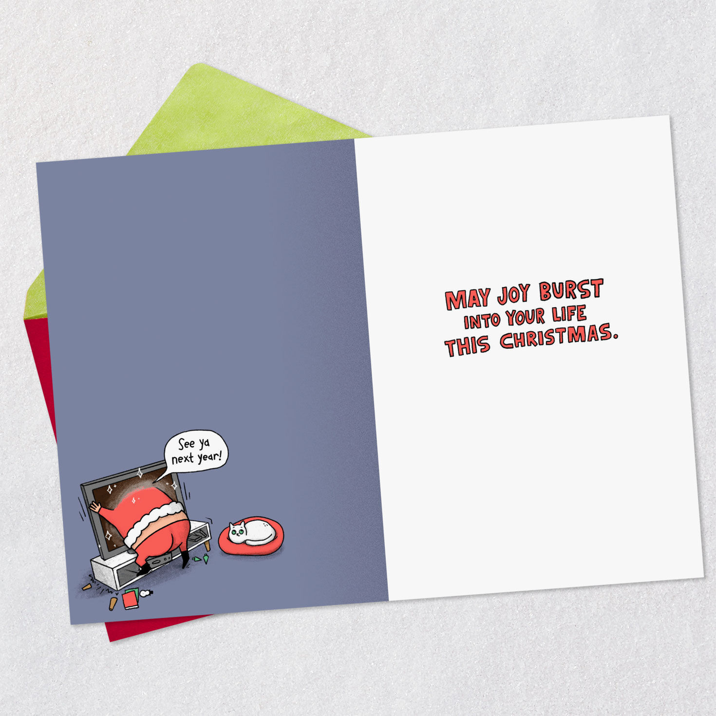 Santa Bursting Through TV Funny Christmas Card Open card with envelope image number 3
