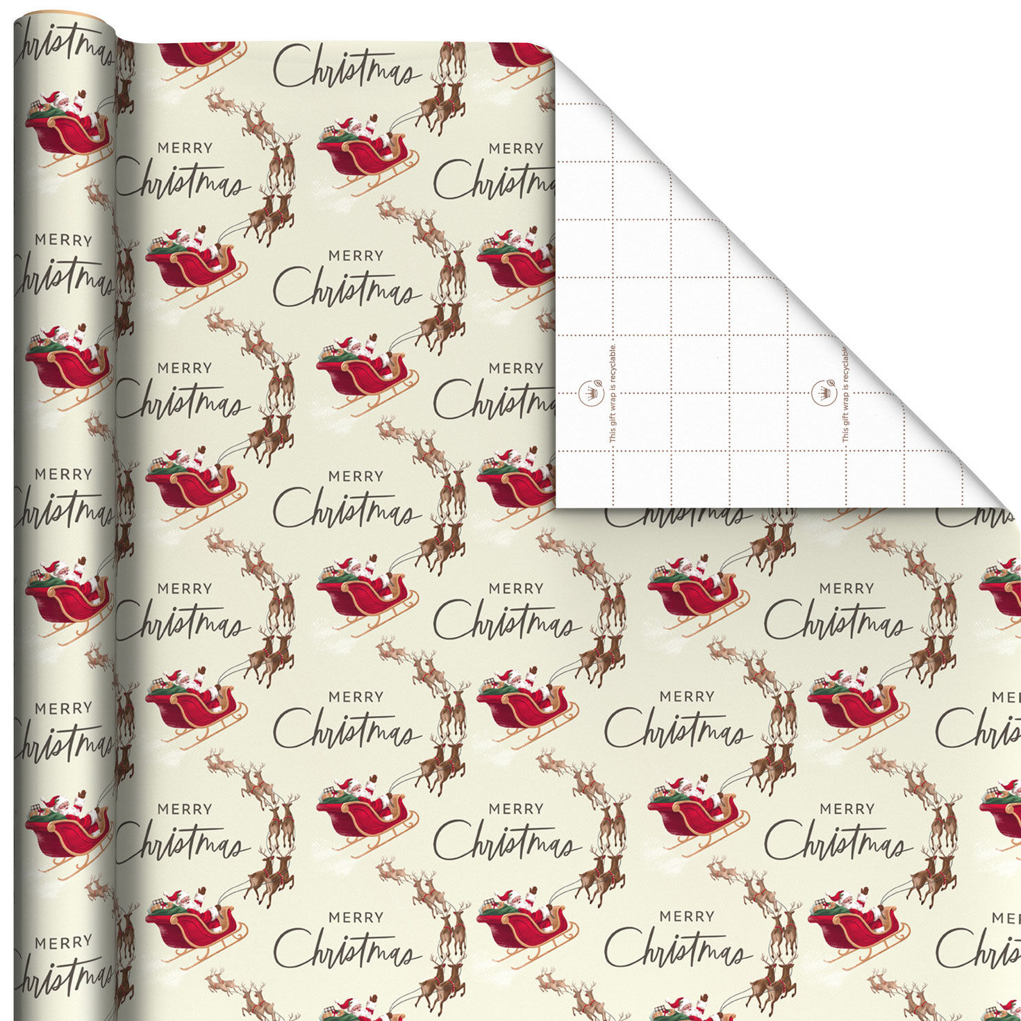 Reindeer and Sleigh on Ivory Jumbo Christmas Wrapping Paper Roll, 90 sq. ft.